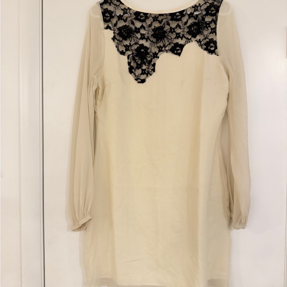 VENUS Cream Sheer Blouse with Black Lace Yoke | Long Sleeve Elegant Top
